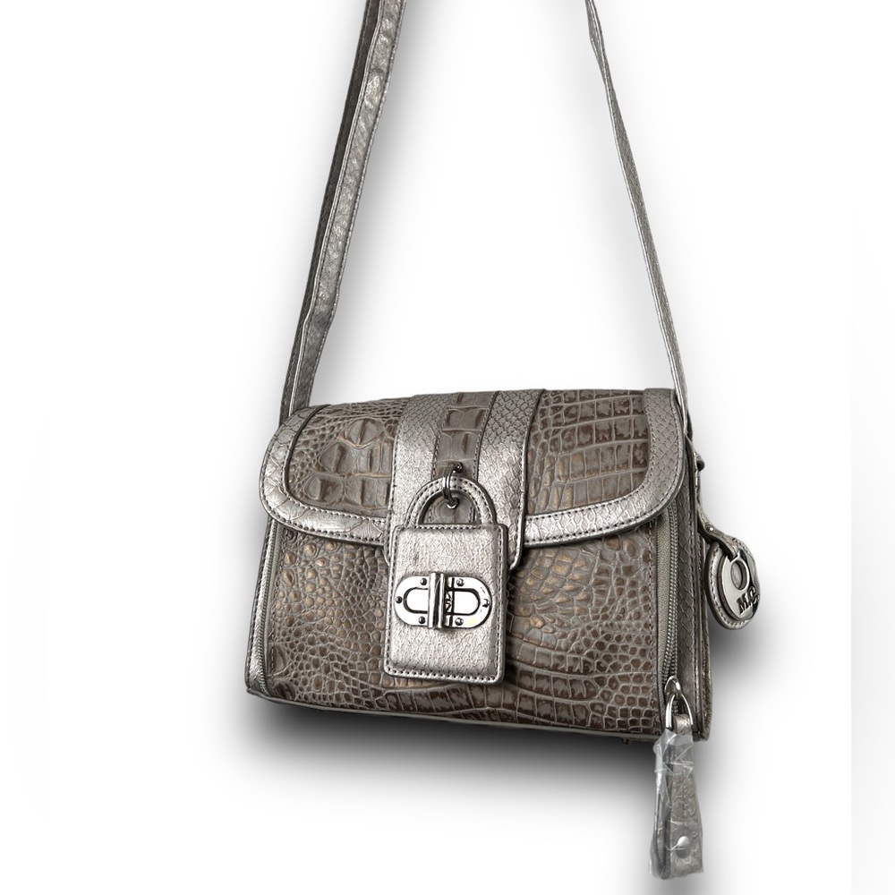 NWOT MC Marc Chantal Gray Vegan Leather Croc Embossed Crossbody Purse Silver - Picture 16 of 16